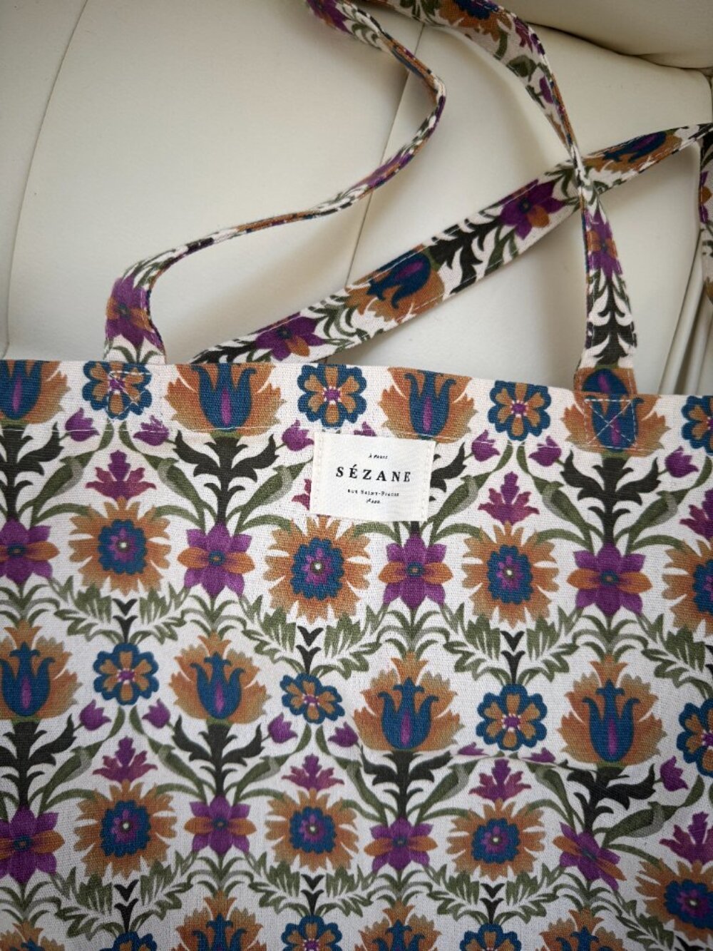 Sézane limited edition floral print tote bag, magenta navy green yellow, NWOT - Picture 4 of 5